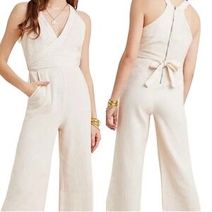 ANTHROPOLOGIE:  Demi Cream Textured Wide Leg Jumpsuit -Size 10P